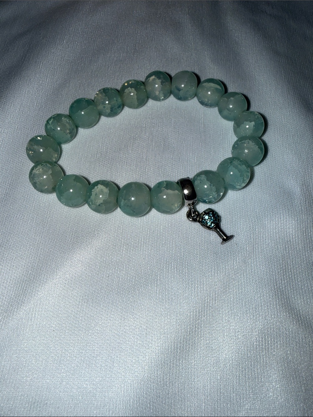 Aquamarine Beaded Stretch Bracelet with Wine Glass Charm